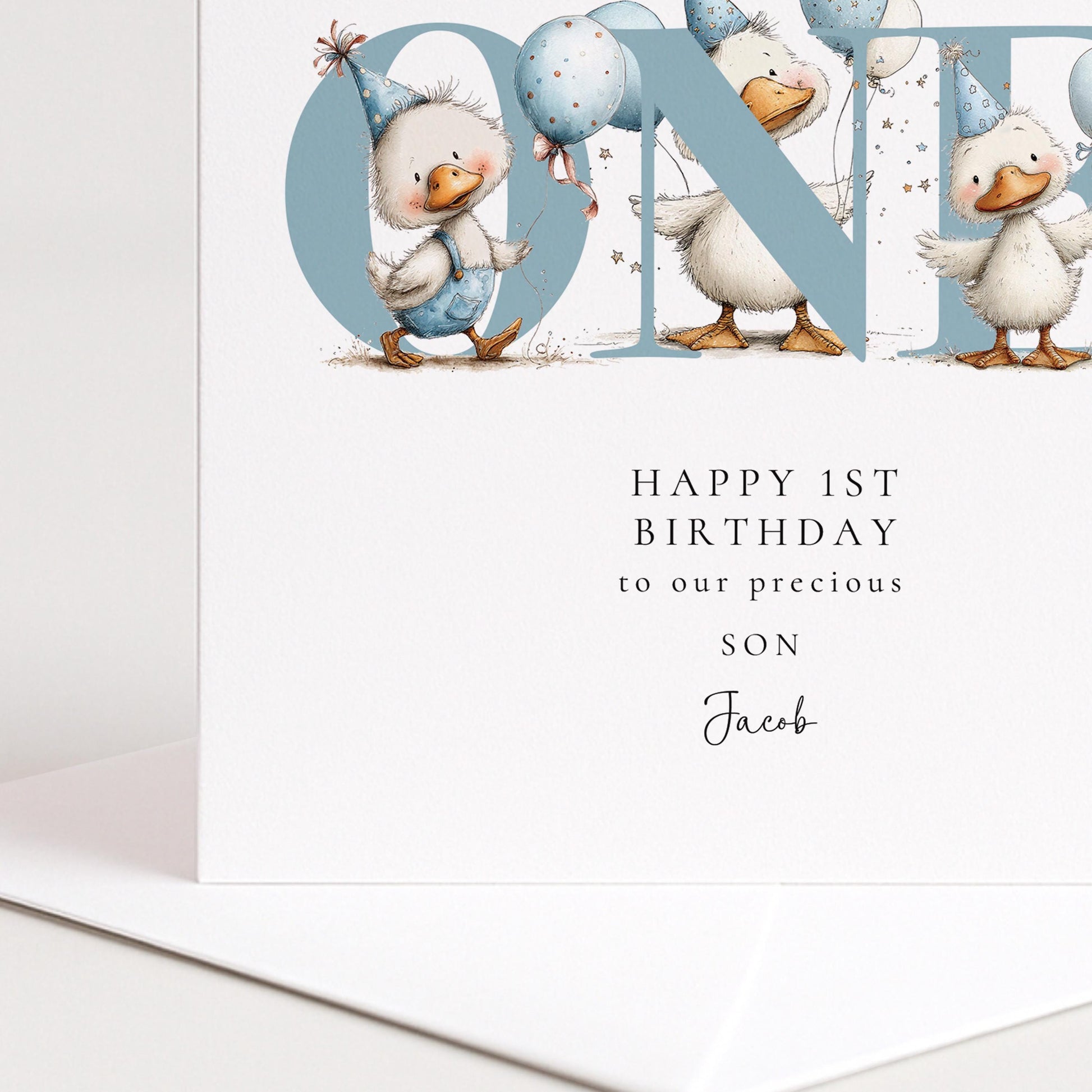 1st Birthday Card Son – Personalised Keepsake With Duck Illustration & Blue Balloons
