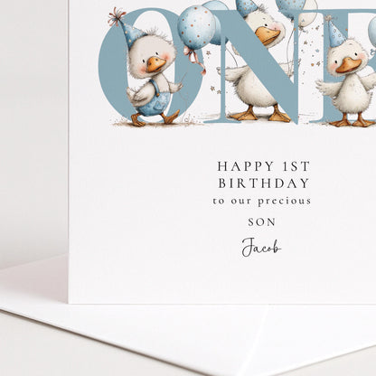 1st Birthday Card Son – Personalised Keepsake With Duck Illustration & Blue Balloons