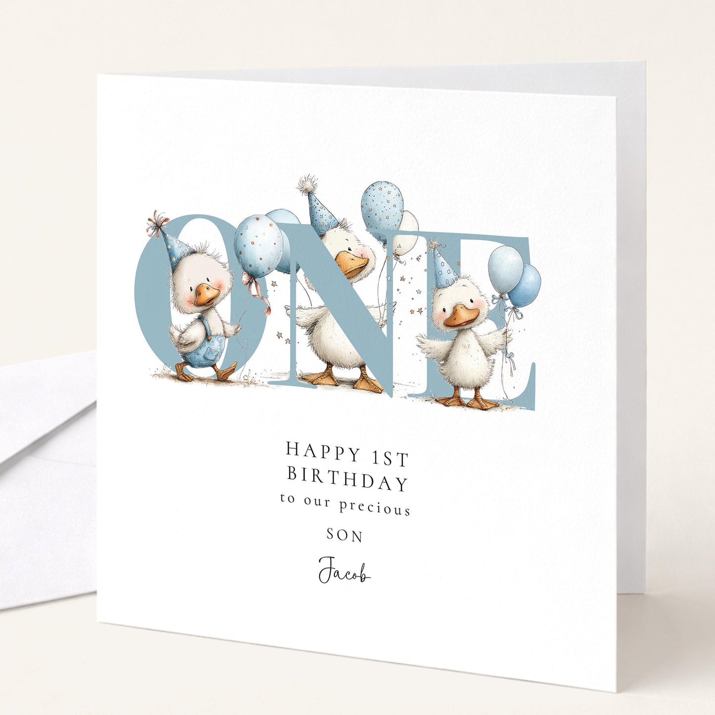1st Birthday Card Son – Personalised Keepsake With Duck Illustration & Blue Balloons