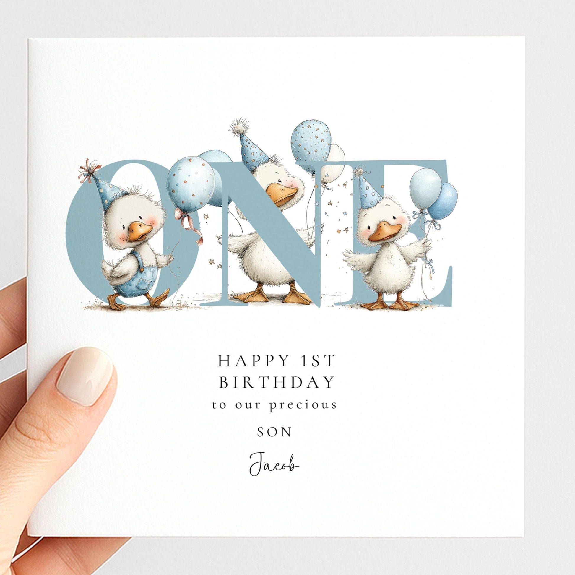 1st Birthday Card Son – Personalised Keepsake With Duck Illustration & Blue Balloons