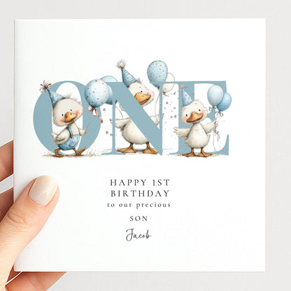 1st Birthday Card Son – Personalised Keepsake With Duck Illustration & Blue Balloons