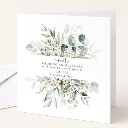 1st Wedding Anniversary Card – Personalised Couple Greeting With Eucalyptus Greenery