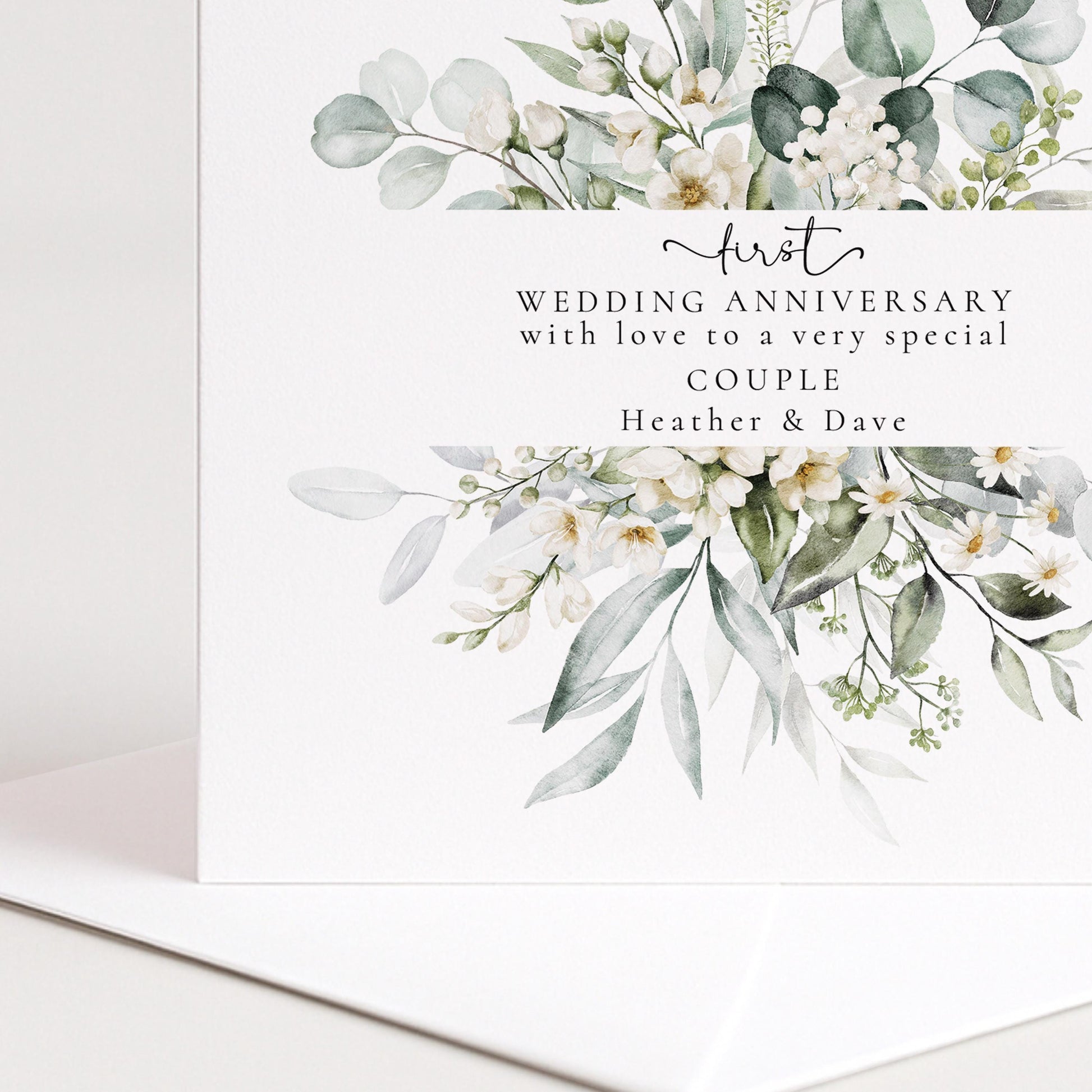 1st Wedding Anniversary Card – Personalised Couple Greeting With Eucalyptus Greenery