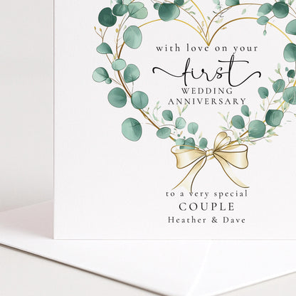 1st Wedding Anniversary Card for Couple Eucalyptus Heart