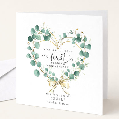 1st Wedding Anniversary Card for Couple Eucalyptus Heart