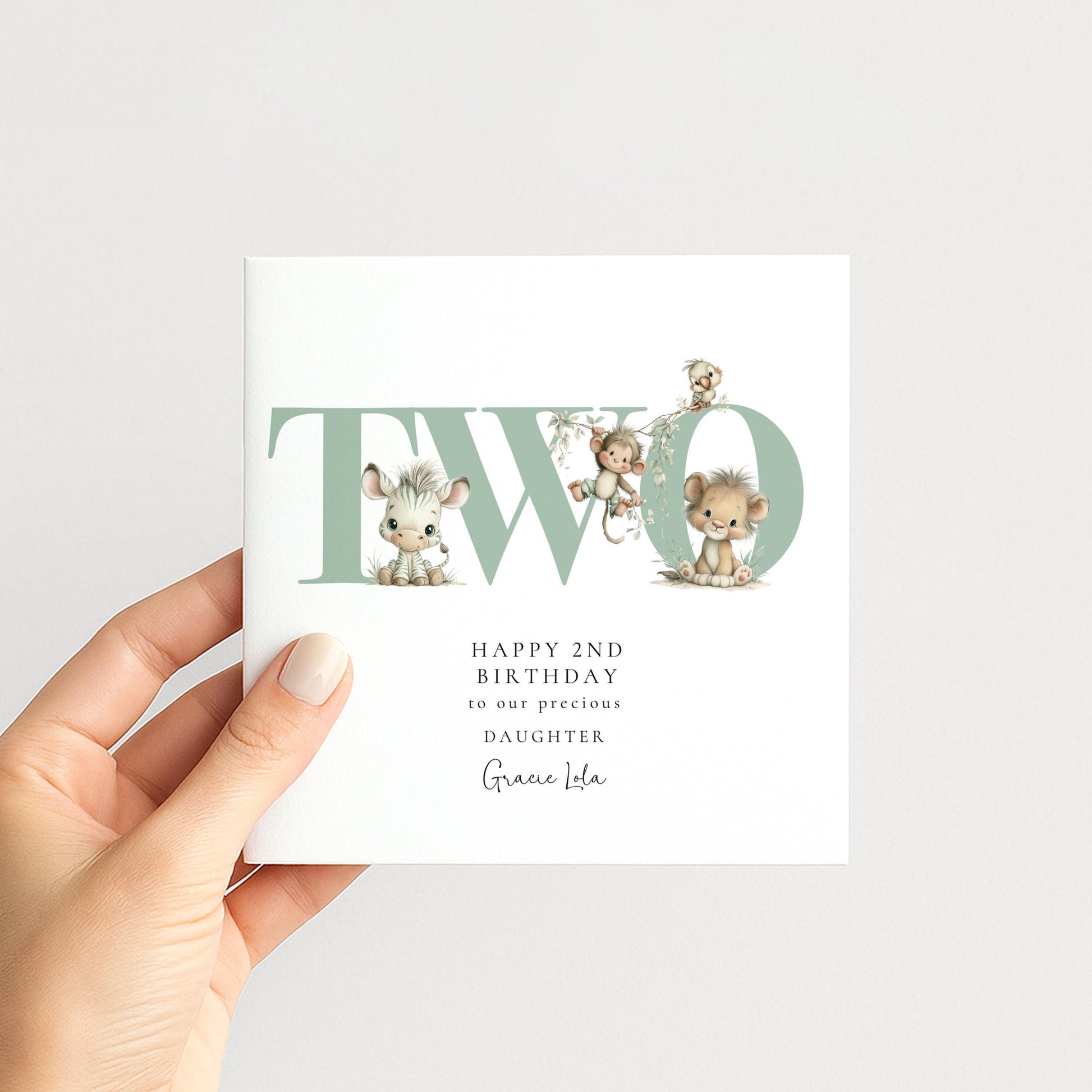 2nd Birthday Card | Personalised Safari Animal Card for Daughter | Cute Jungle Animals