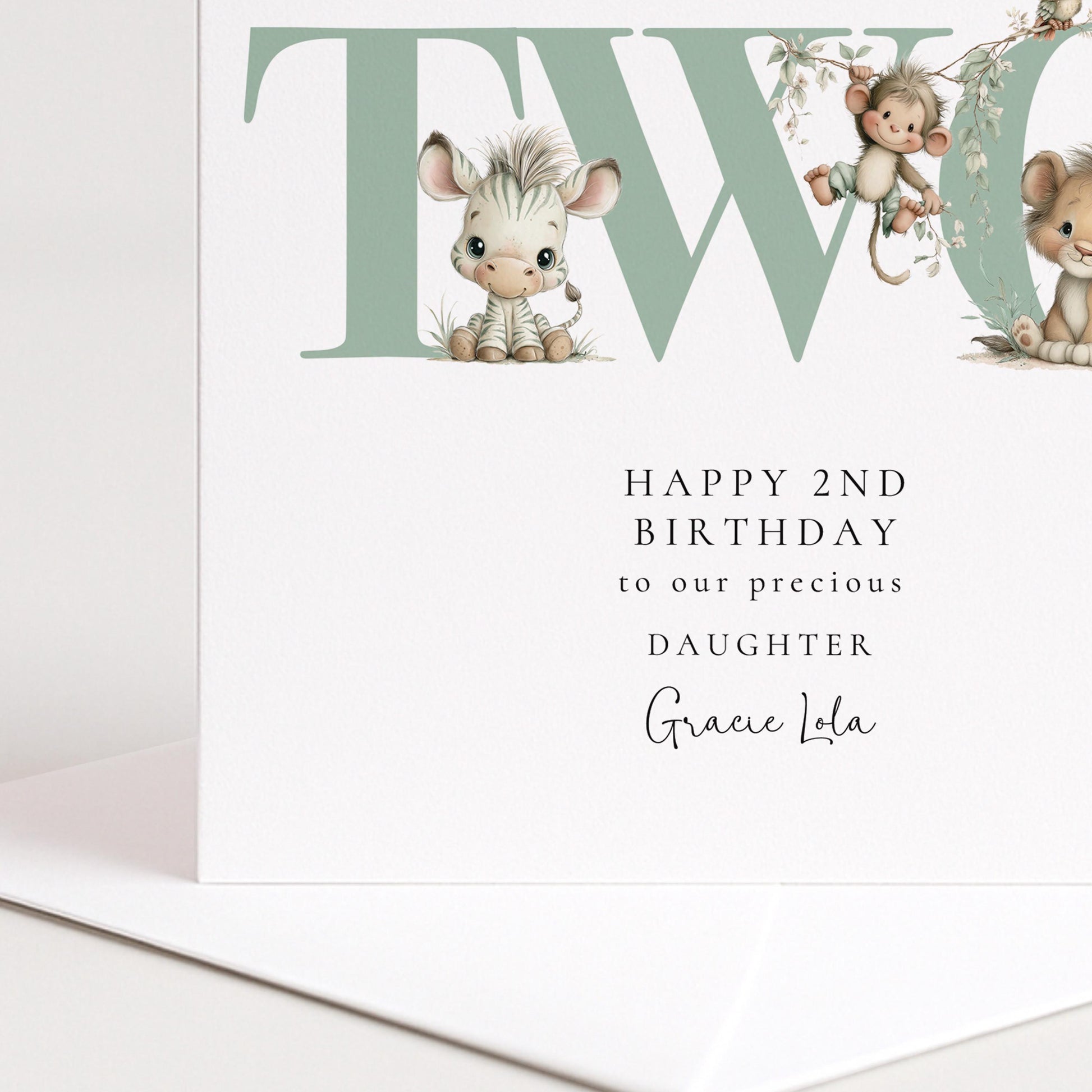 2nd Birthday Card | Personalised Safari Animal Card for Daughter | Cute Jungle Animals