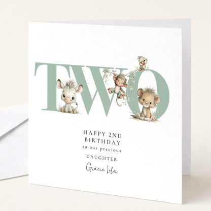 2nd Birthday Card | Personalised Safari Animal Card for Daughter | Cute Jungle Animals