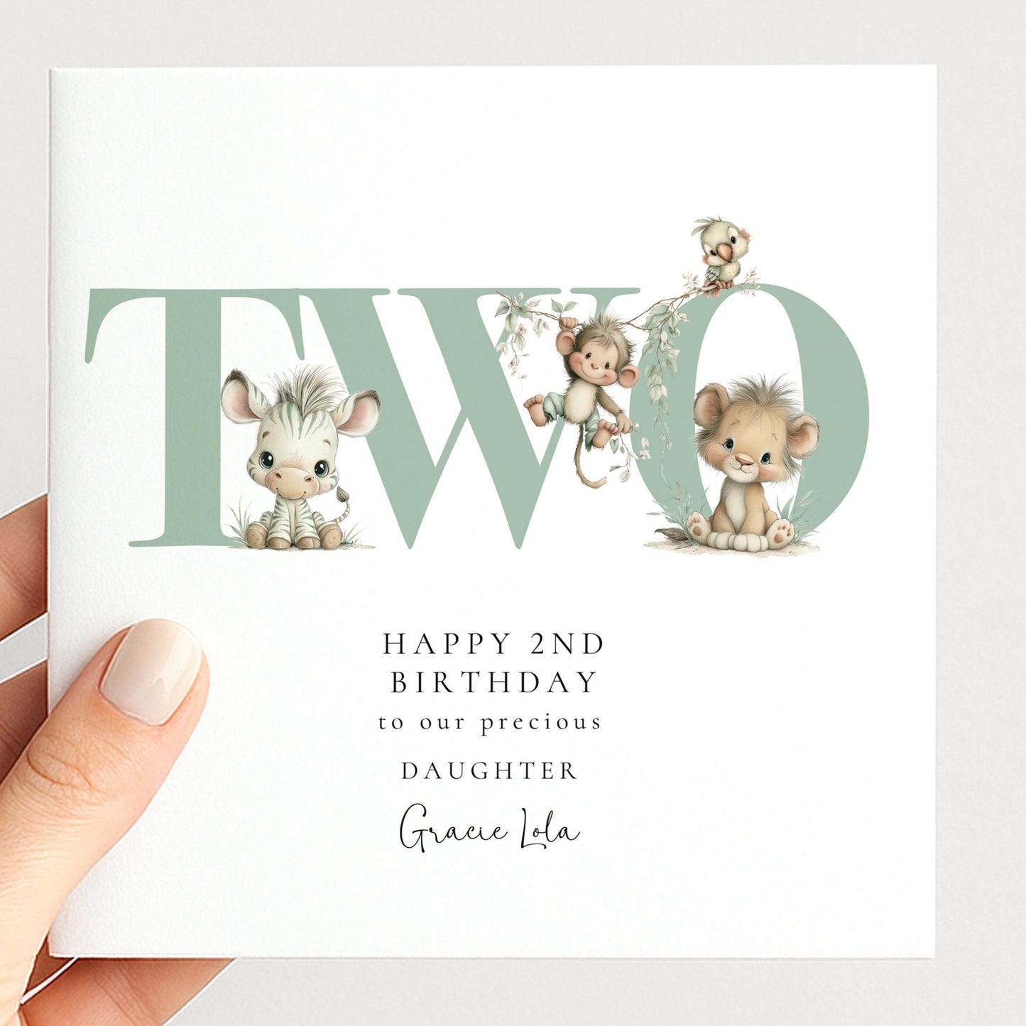 2nd Birthday Card | Personalised Safari Animal Card for Daughter | Cute Jungle Animals