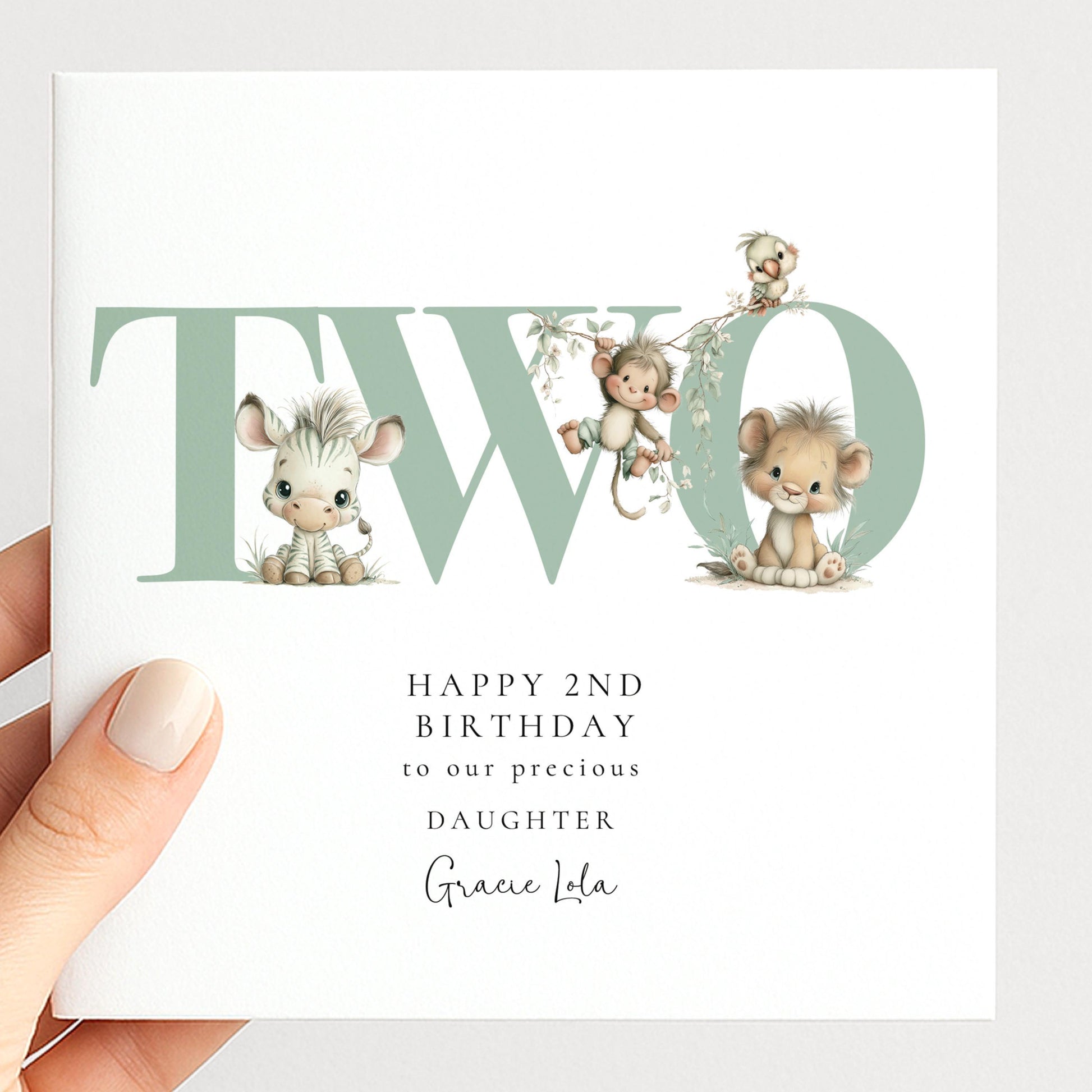 2nd Birthday Card | Personalised Safari Animal Card for Daughter | Cute Jungle Animals