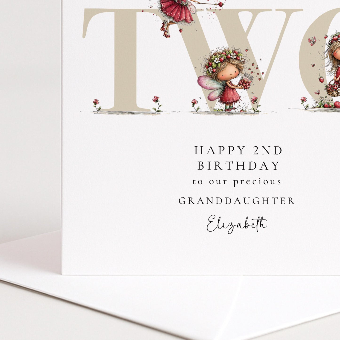 2nd Birthday Card – Personalised Strawberry Fairy Design For Granddaughter