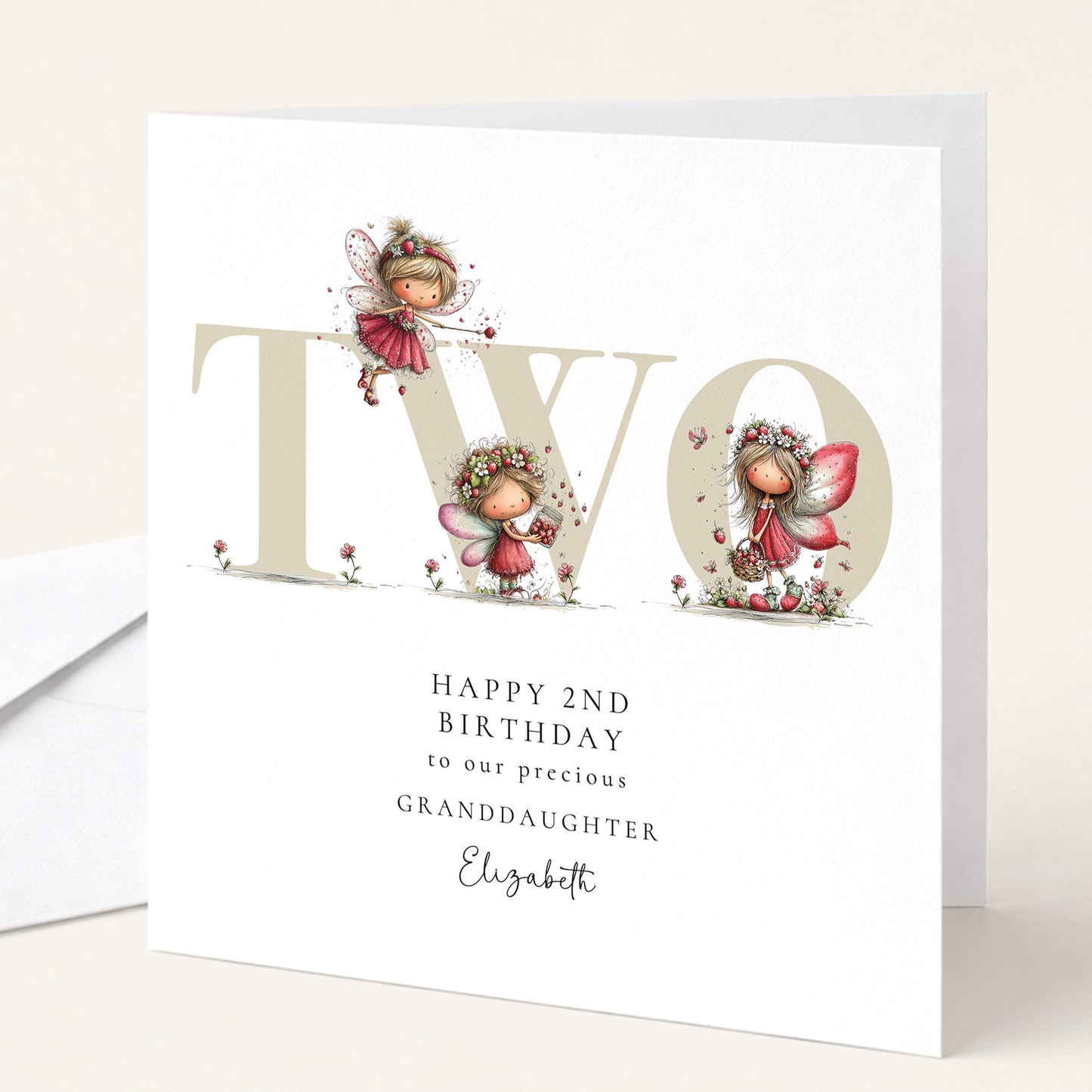 2nd Birthday Card – Personalised Strawberry Fairy Design For Granddaughter