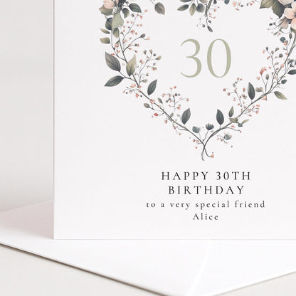 30th Birthday Card - Elegant Floral Heart Design Personalised For Her