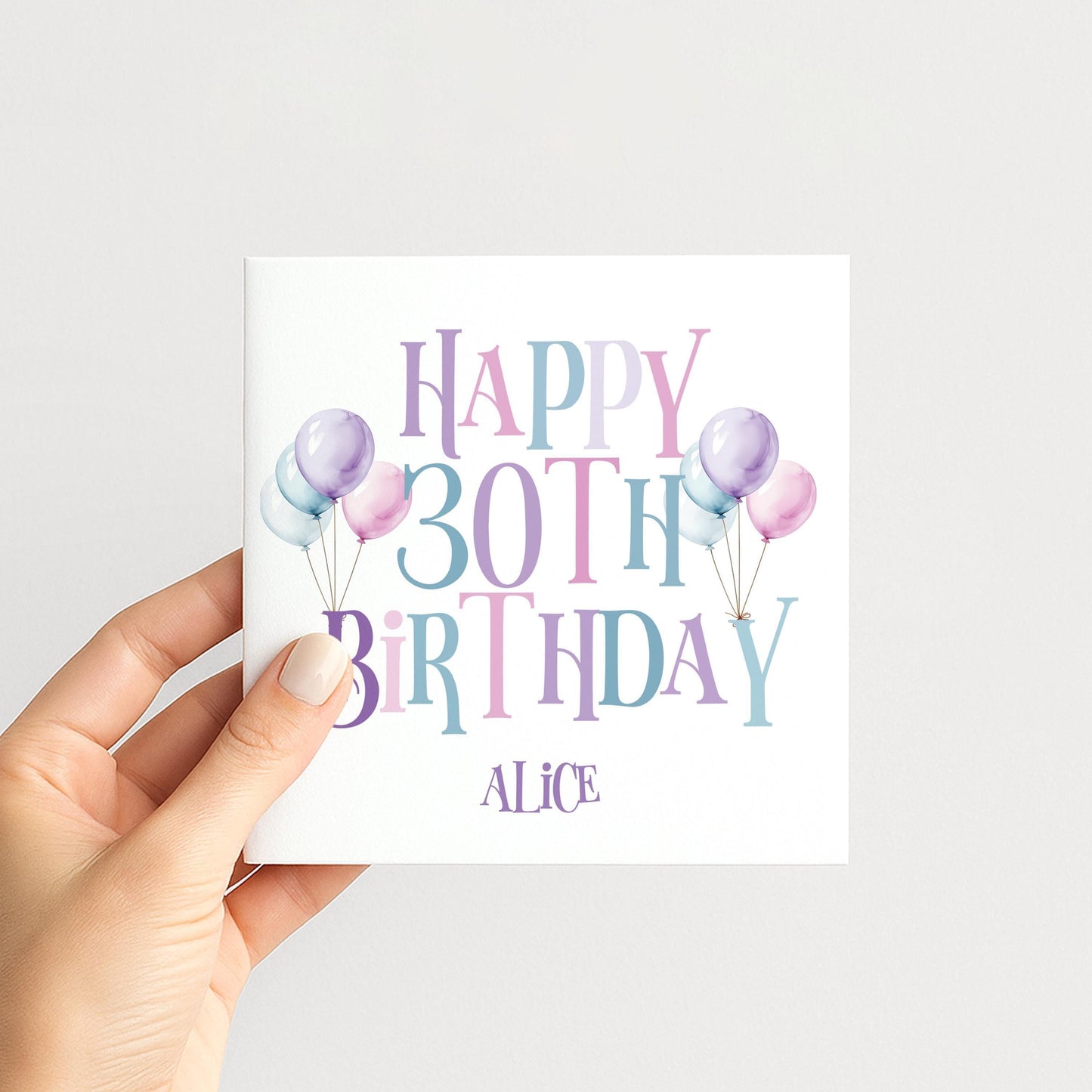 30th Birthday Card – Personalised Balloon Greeting For Her, Elegant Pastel Design