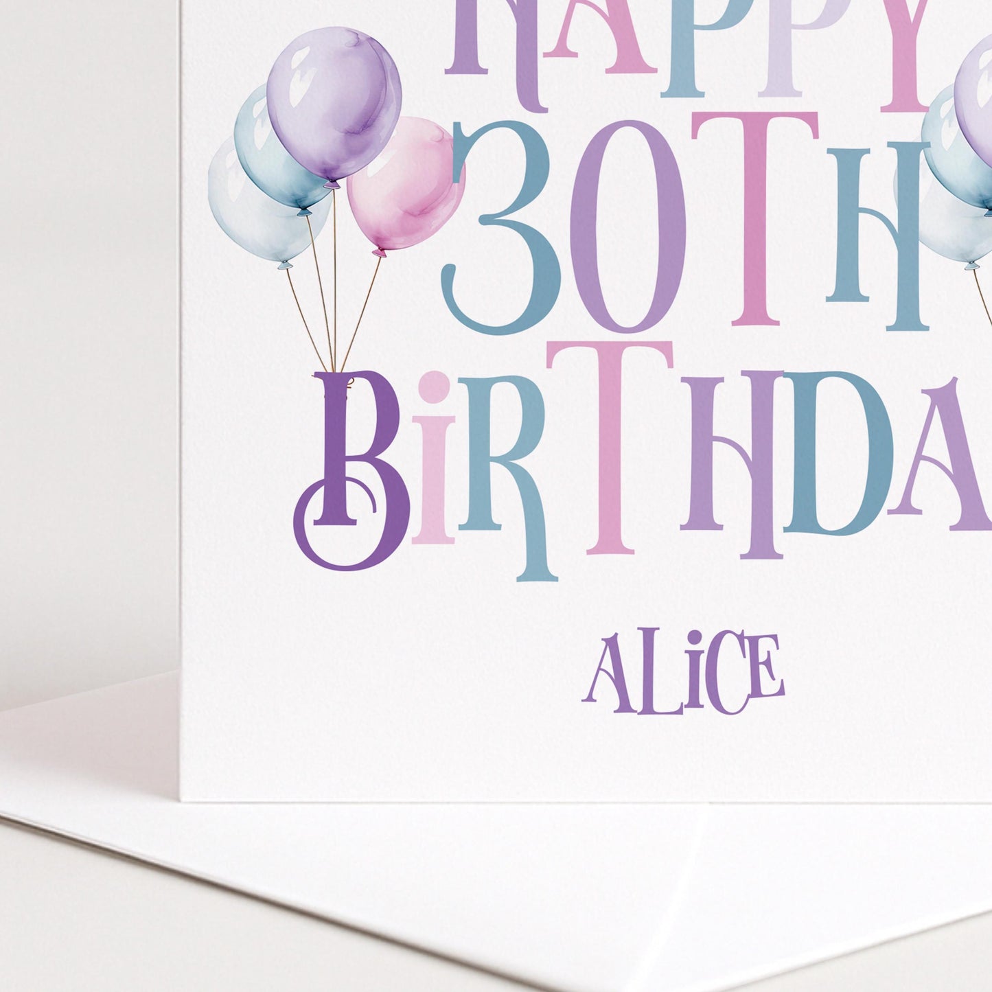 30th Birthday Card – Personalised Balloon Greeting For Her, Elegant Pastel Design