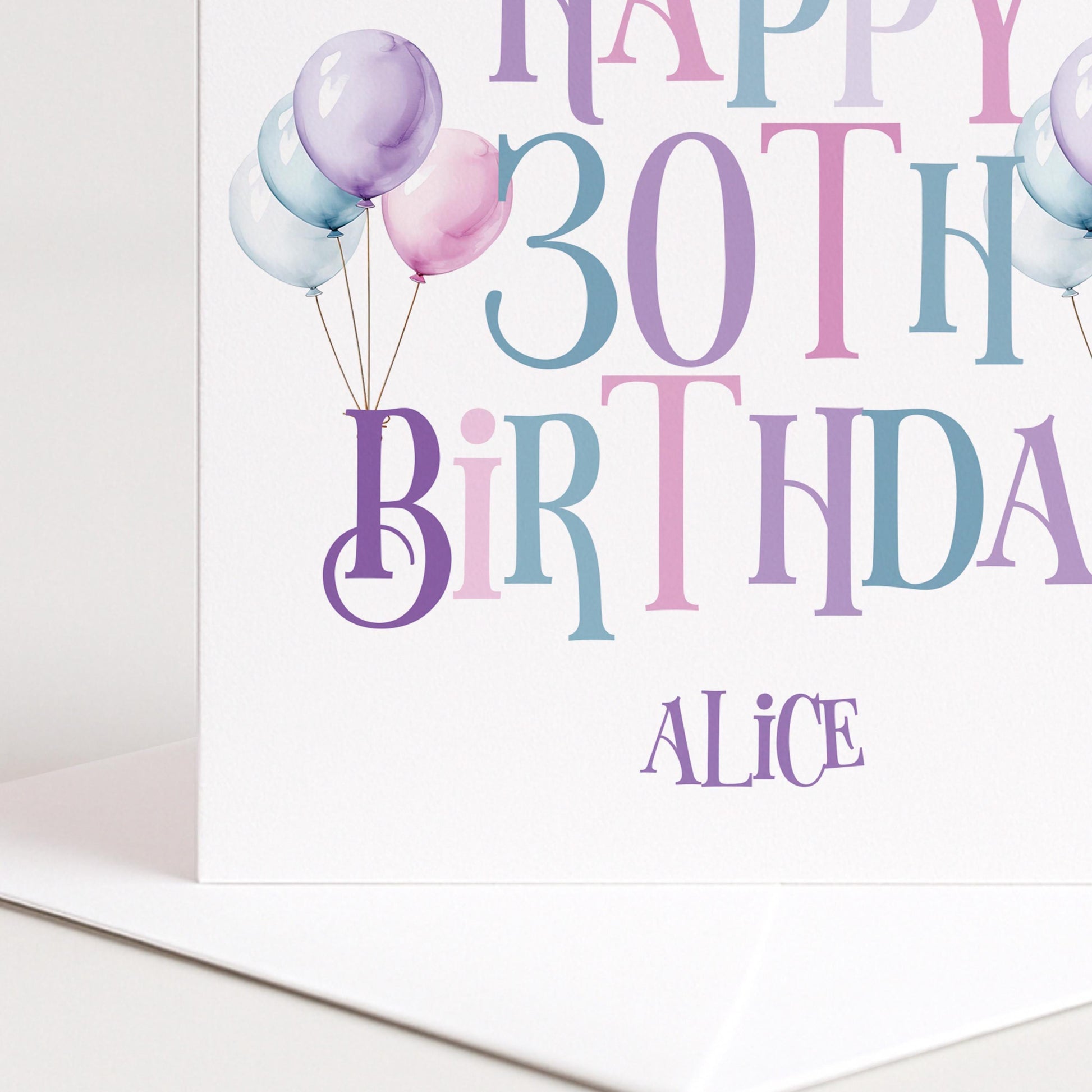 30th Birthday Card – Personalised Balloon Greeting For Her, Elegant Pastel Design