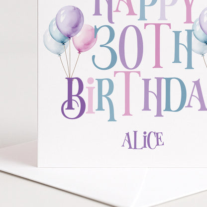30th Birthday Card – Personalised Balloon Greeting For Her, Elegant Pastel Design