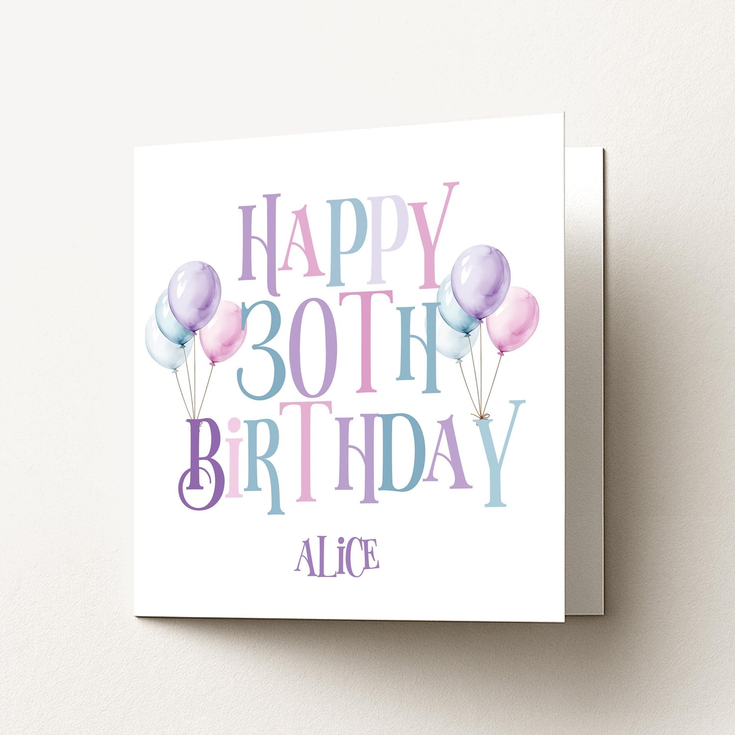 30th Birthday Card – Personalised Balloon Greeting For Her, Elegant Pastel Design