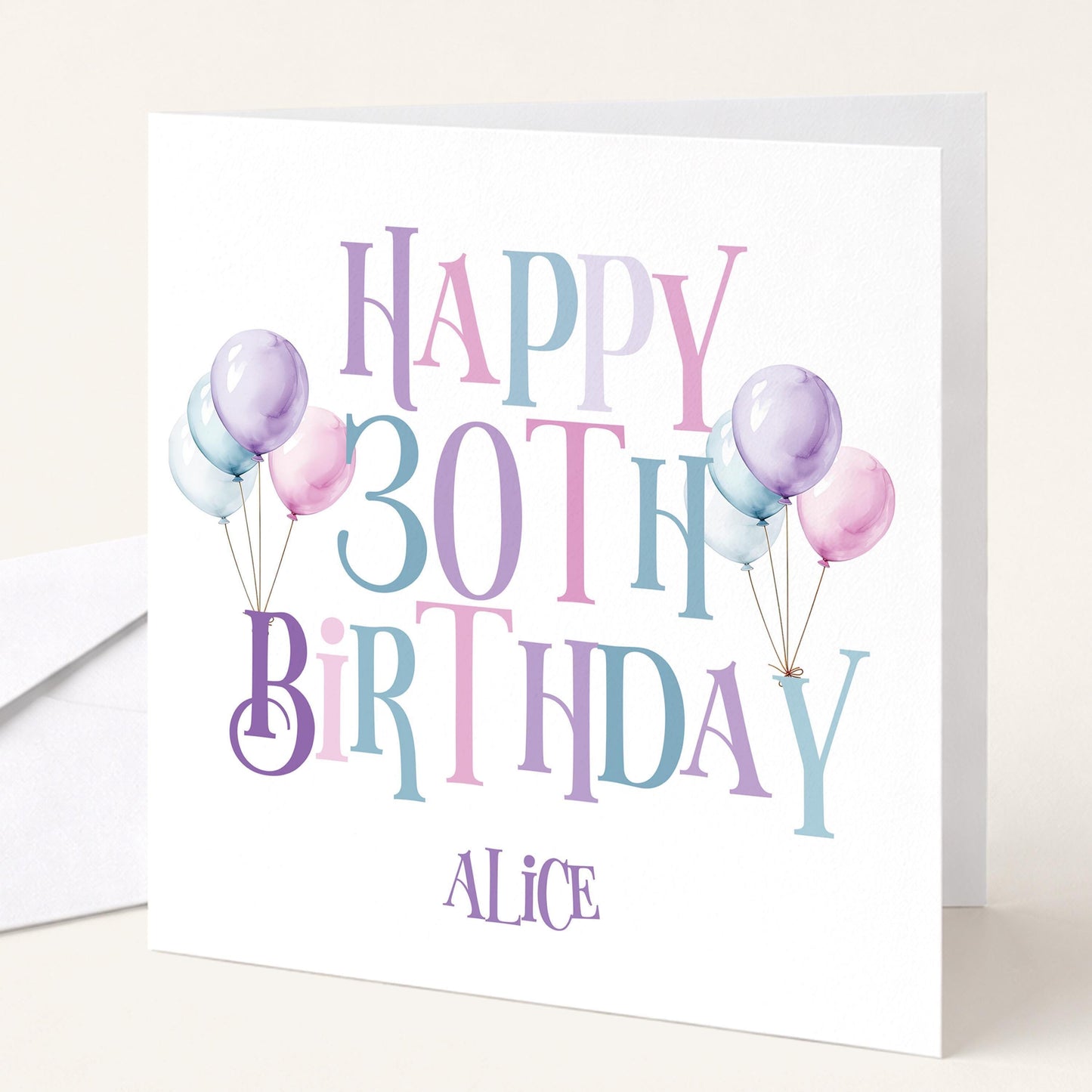 30th Birthday Card – Personalised Balloon Greeting For Her, Elegant Pastel Design
