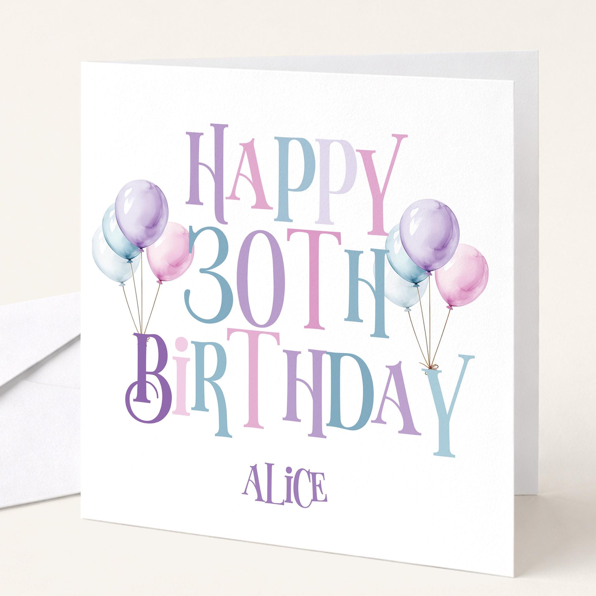 30th Birthday Card – Personalised Balloon Greeting For Her, Elegant Pastel Design