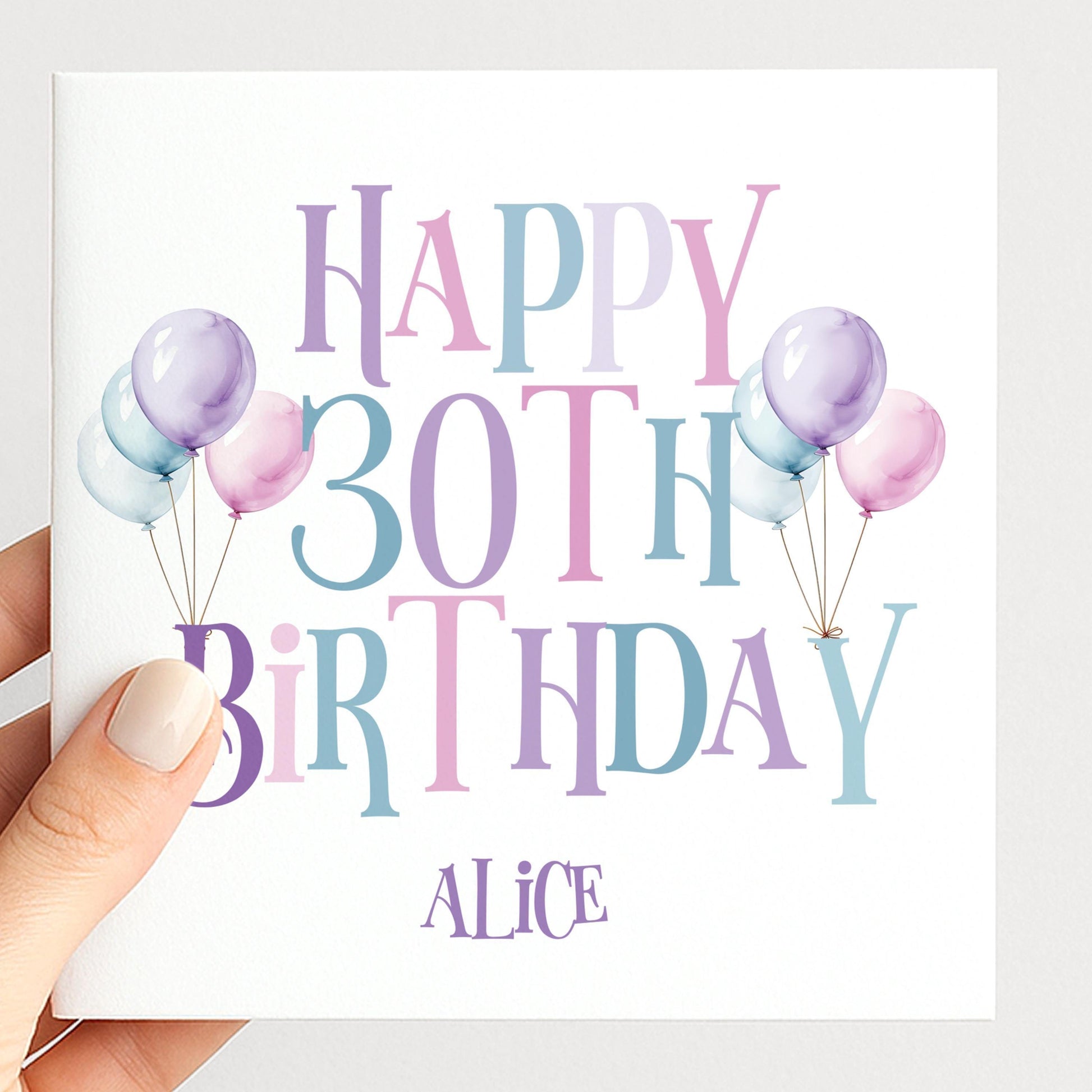 30th Birthday Card – Personalised Balloon Greeting For Her, Elegant Pastel Design