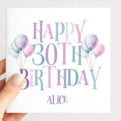 30th Birthday Card – Personalised Balloon Greeting For Her, Elegant Pastel Design
