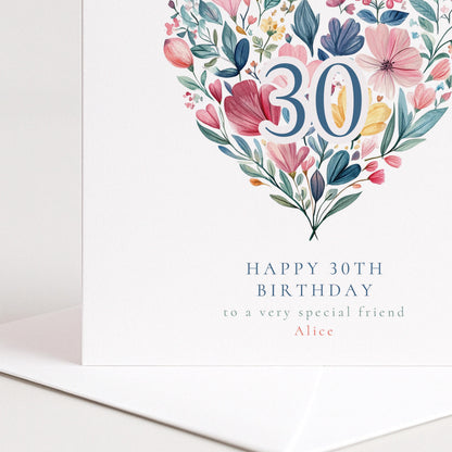 30th Birthday Card – Personalised Floral Heart Design | Premium Matte Folded Card