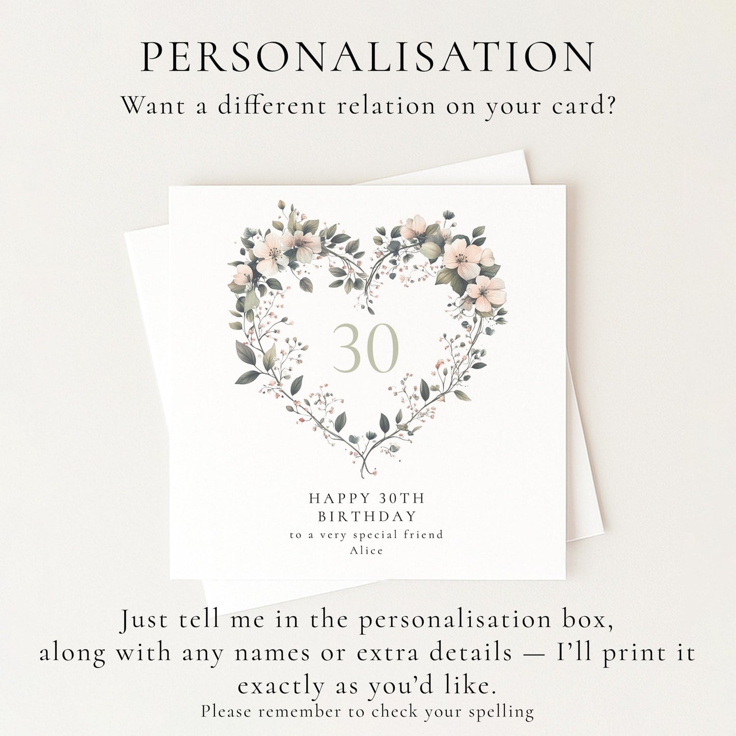30th Birthday Card - Elegant Floral Heart Design Personalised For Her - Whimsi Lilley