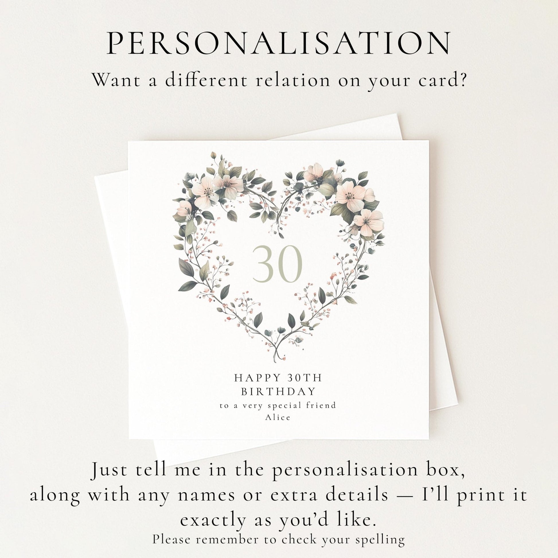 30th Birthday Card - Elegant Floral Heart Design Personalised For Her - Whimsi Lilley