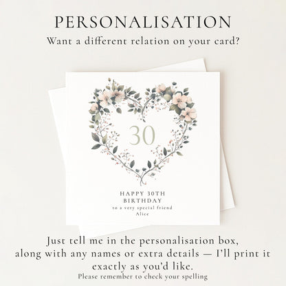 30th Birthday Card - Elegant Floral Heart Design Personalised For Her - Whimsi Lilley
