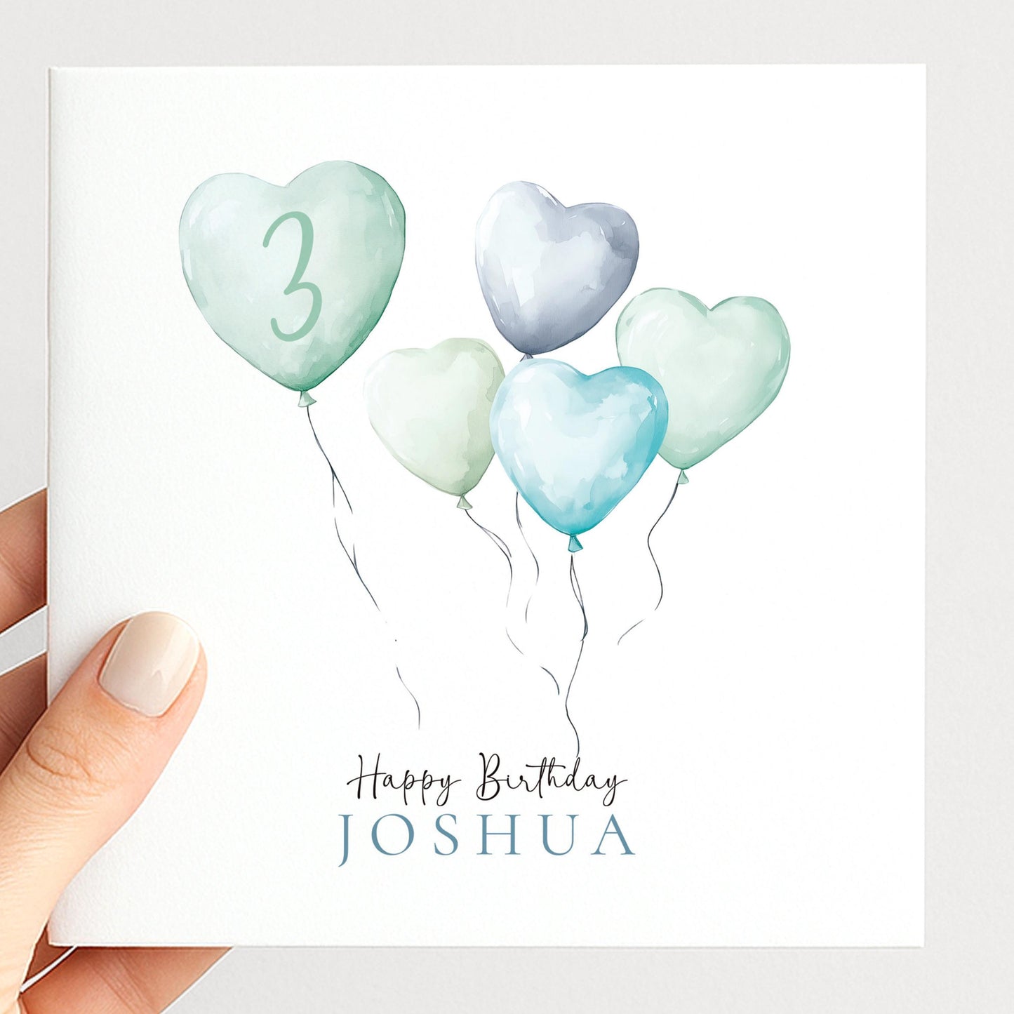 3rd Birthday Card – Personalised Boys Birthday Card With Watercolour Heart Balloons