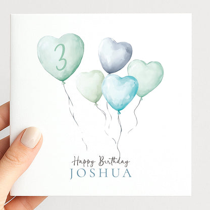 3rd Birthday Card – Personalised Boys Birthday Card With Watercolour Heart Balloons