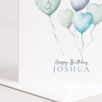 3rd Birthday Card – Personalised Boys Birthday Card With Watercolour Heart Balloons