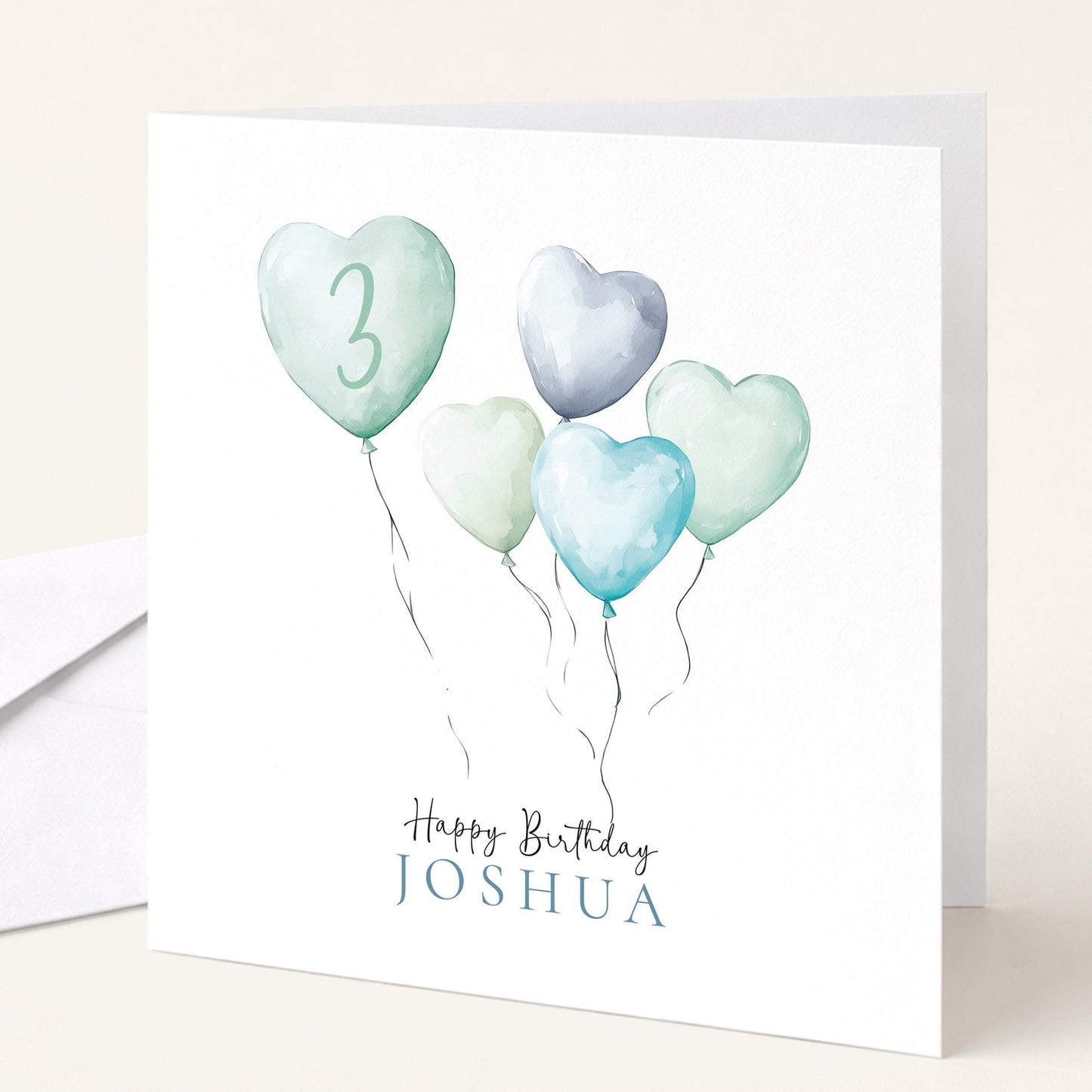 3rd Birthday Card – Personalised Boys Birthday Card With Watercolour Heart Balloons