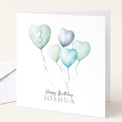 3rd Birthday Card – Personalised Boys Birthday Card With Watercolour Heart Balloons