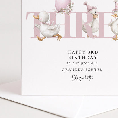 3rd Birthday Card – Personalised Granddaughter Keepsake With Cute Duck Design