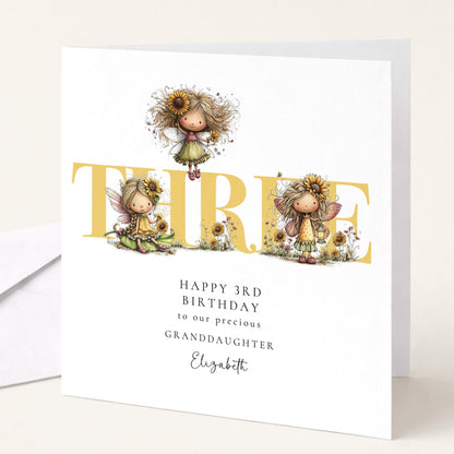 3rd Birthday Card - Personalised Sunflower Fairy Keepsake for Granddaughter