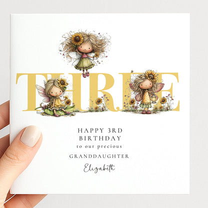 3rd Birthday Card - Personalised Sunflower Fairy Keepsake for Granddaughter