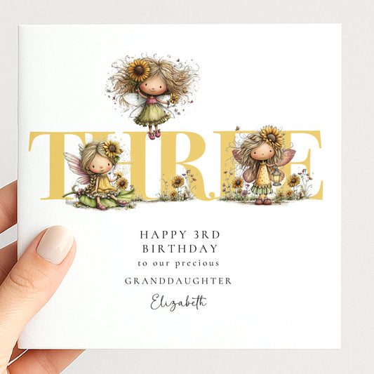 3rd Birthday Card - Personalised Sunflower Fairy Keepsake for Granddaughter