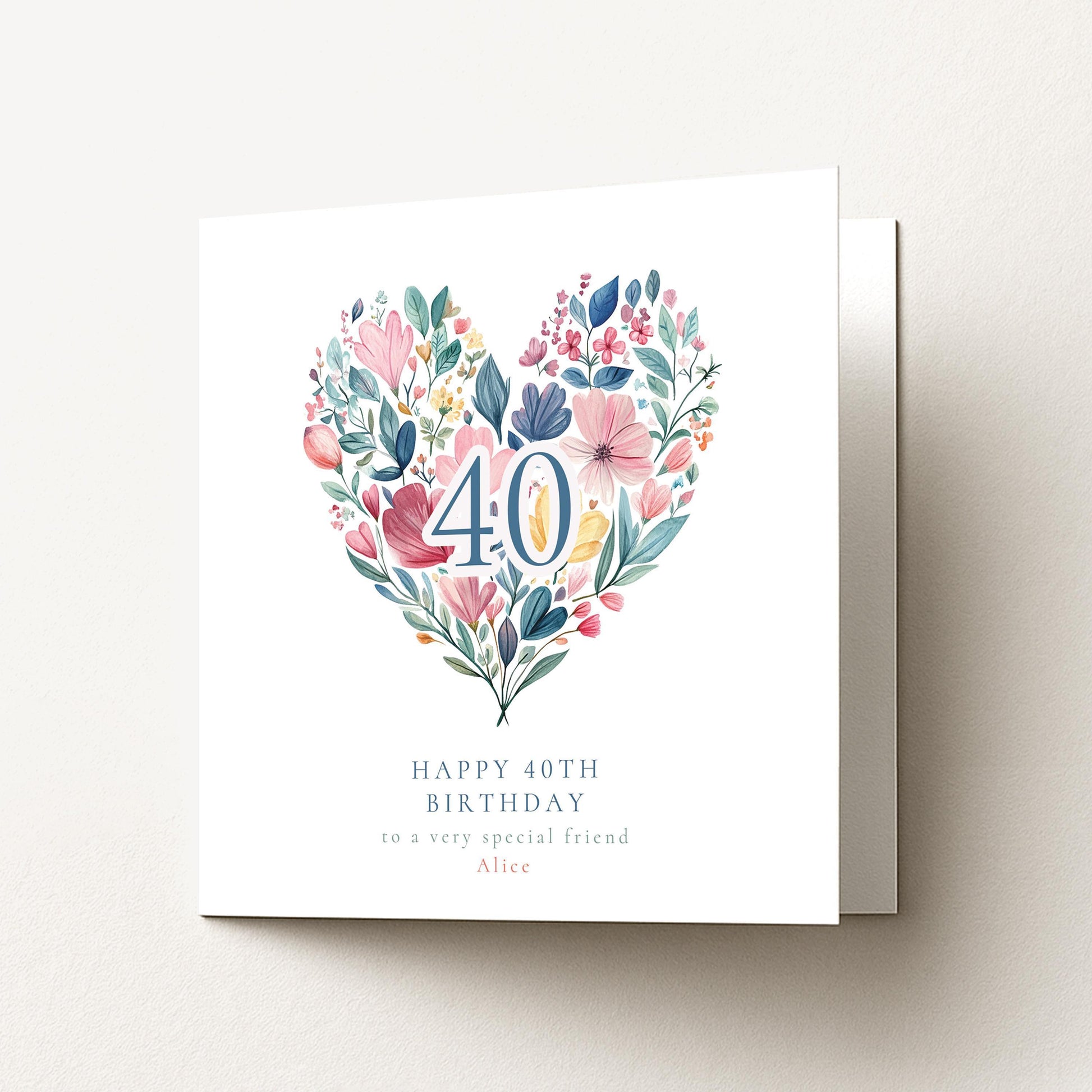 40th Birthday Card | Floral Heart Design | Personalised Elegant Greeting Card