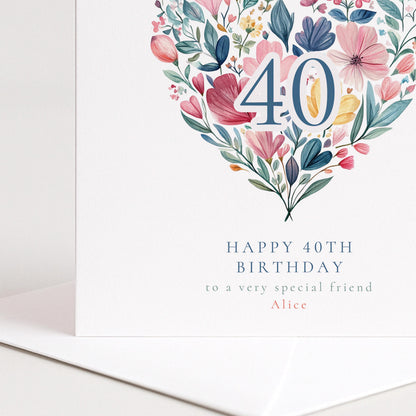 40th Birthday Card | Floral Heart Design | Personalised Elegant Greeting Card