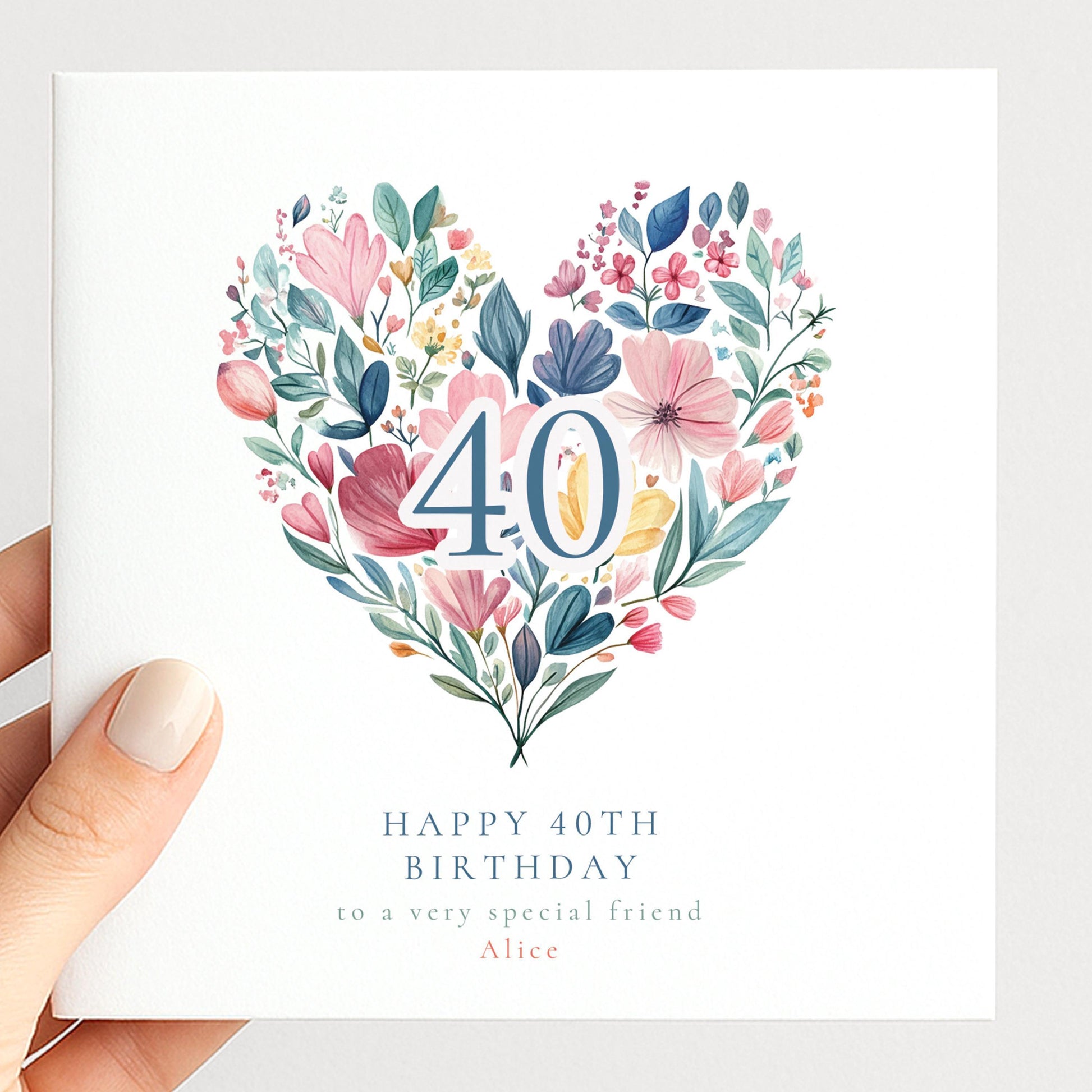 40th Birthday Card | Floral Heart Design | Personalised Elegant Greeting Card