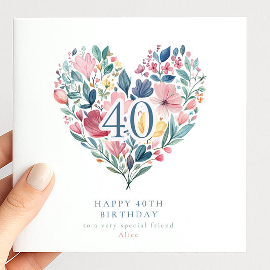 40th Birthday Card | Floral Heart Design | Personalised Elegant Greeting Card