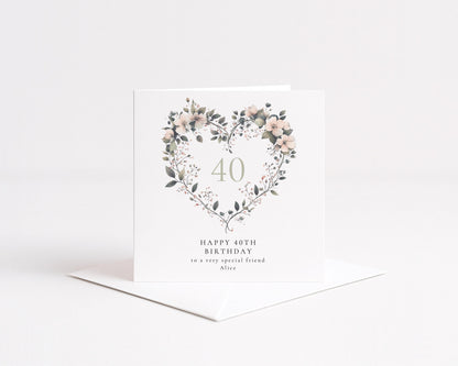 40th Birthday Card – Floral Heart Design | Personalised Milestone Card