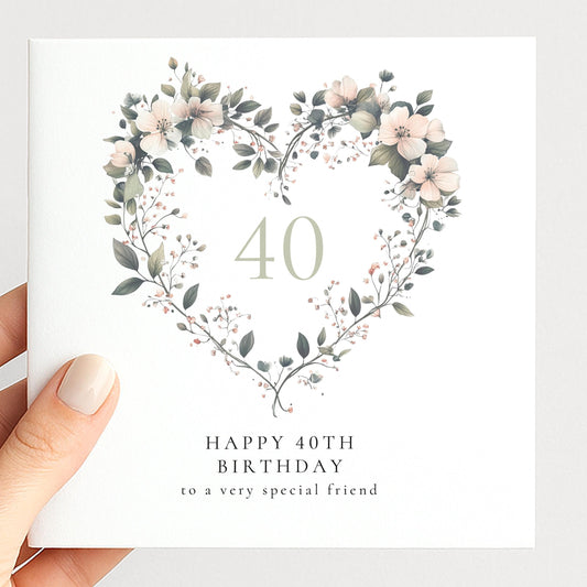 40th Birthday Card – Floral Heart Design | Personalised Milestone Card