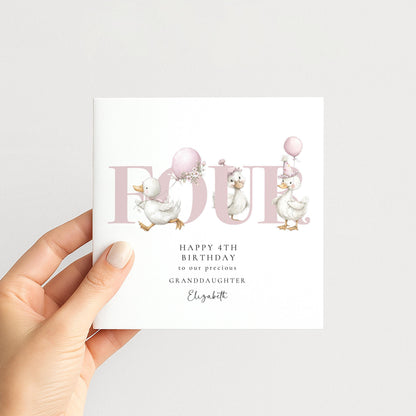 4th Birthday Card Granddaughter – Personalised Kids Card With Ducks & Pastel Design