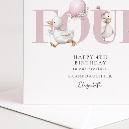 4th Birthday Card Granddaughter – Personalised Kids Card With Ducks & Pastel Design