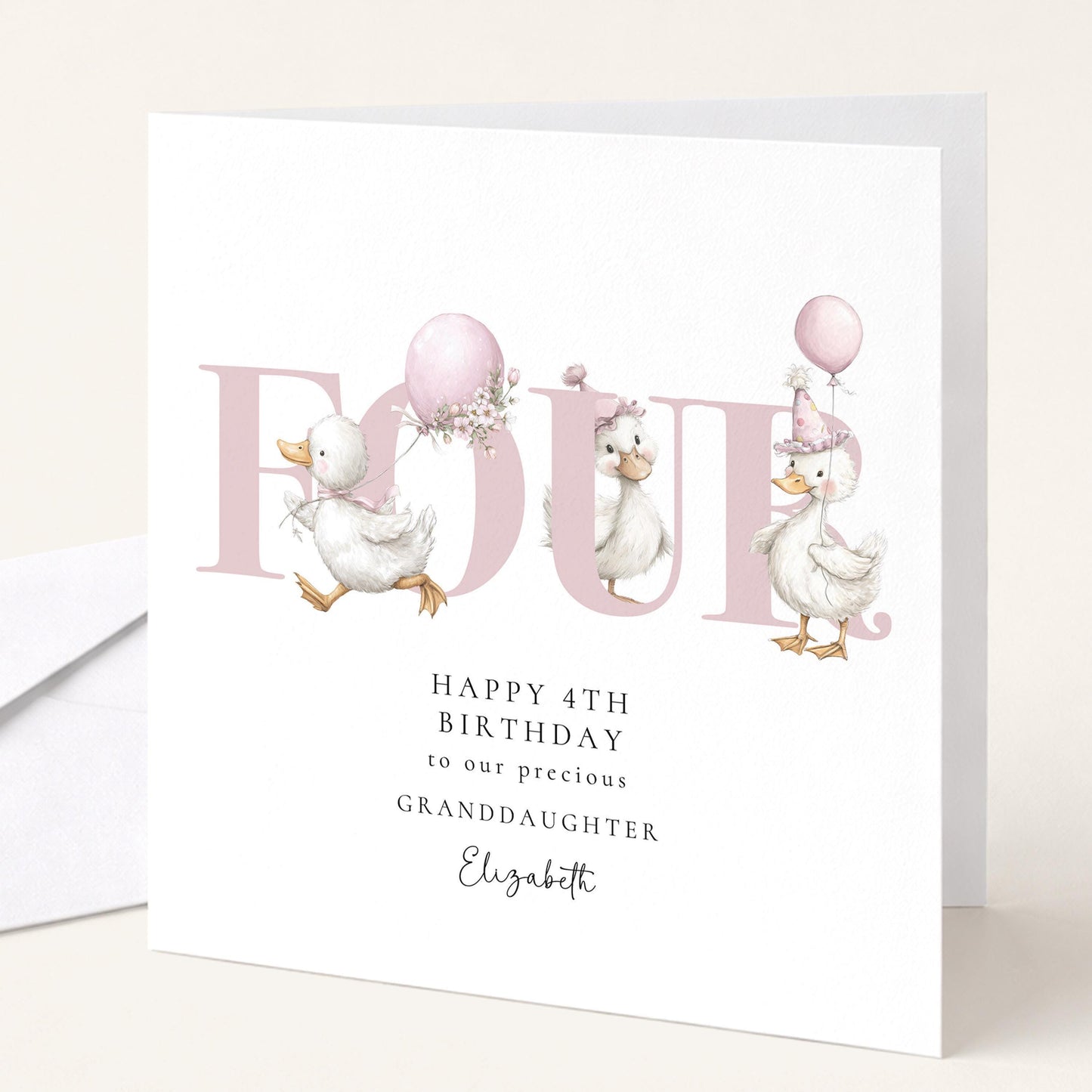 4th Birthday Card Granddaughter – Personalised Kids Card With Ducks & Pastel Design