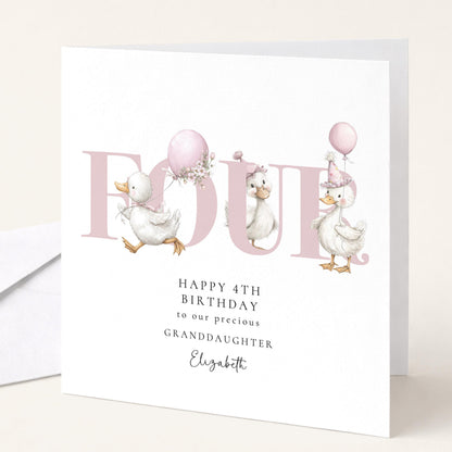 4th Birthday Card Granddaughter – Personalised Kids Card With Ducks & Pastel Design