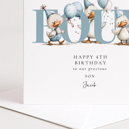 4th Birthday Card - Personalised Duck Design With Balloons for Son
